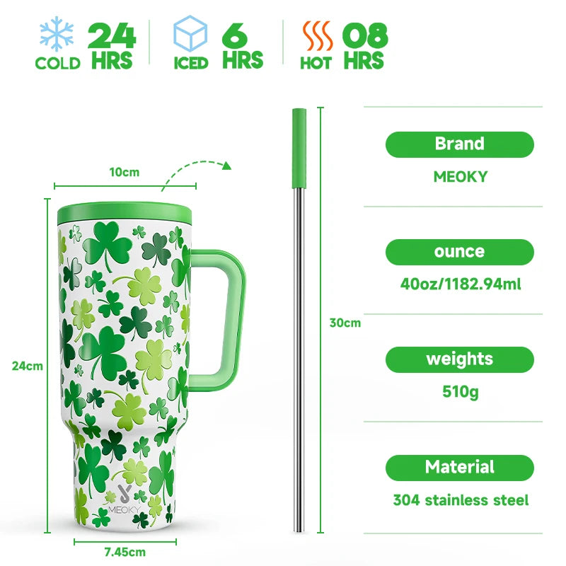 Meoky 40oz Tumbler Handle Straw Multiple Prints Stainless Steel Bottle Thermos Coffee Cup Portable Vacuum Insulated Car Mug Gift - petguardiansupplies