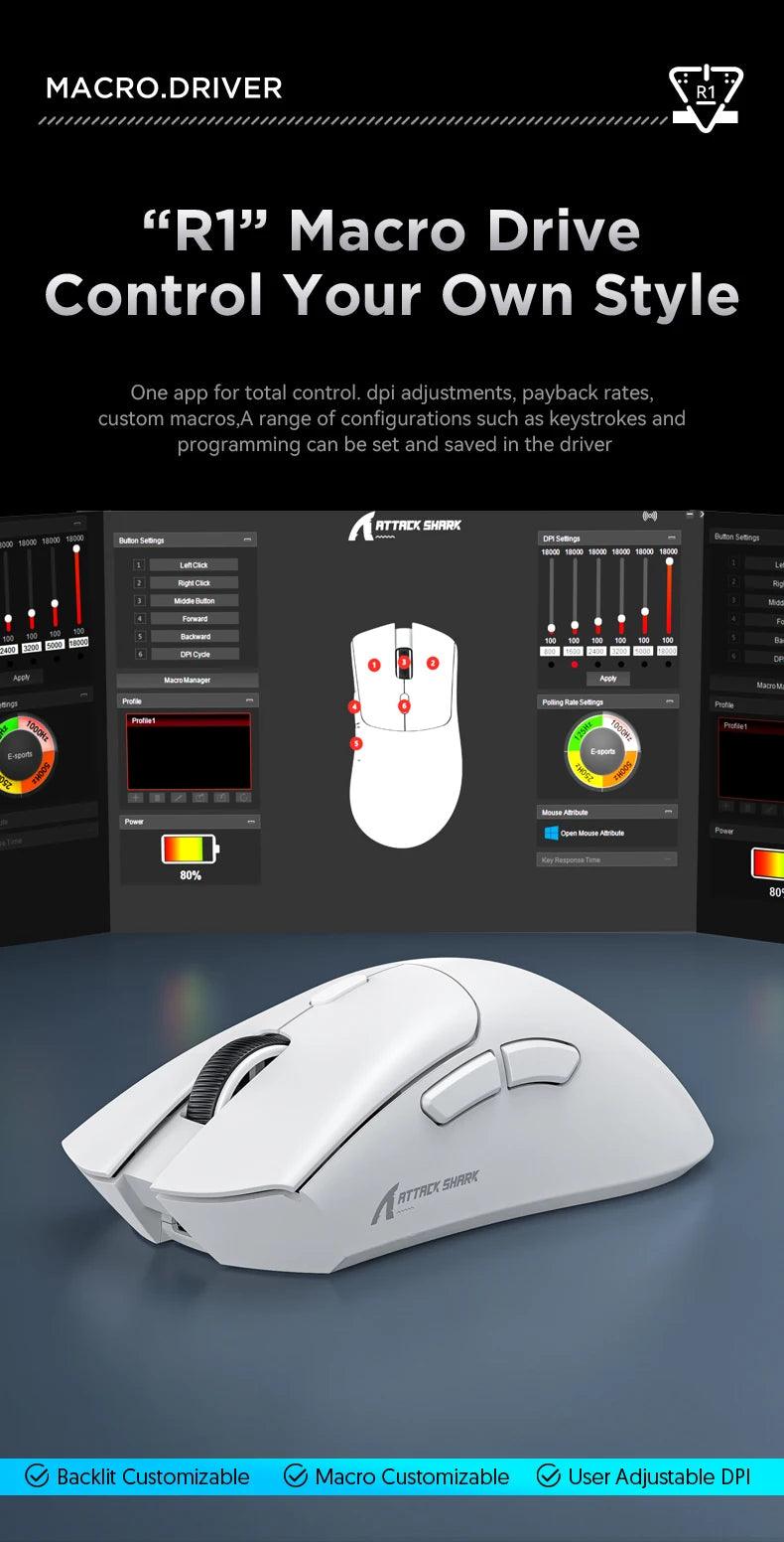 Attack Shark R1 Tri-Mode 2.4g-BT-Wired, PAW3311 18000DPI, 59g Lightweight Gaming Mouse - petguardiansupplies