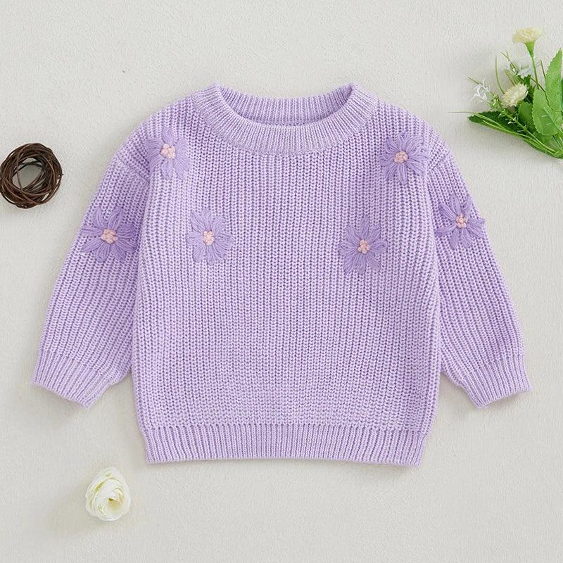 FOCUSNORM 0-3Y Autumn Winter Baby Girls Sweater Flower Embroidery Crew Neck Long Sleeve Kids Pullovers Fall Tops - petguardiansupplies