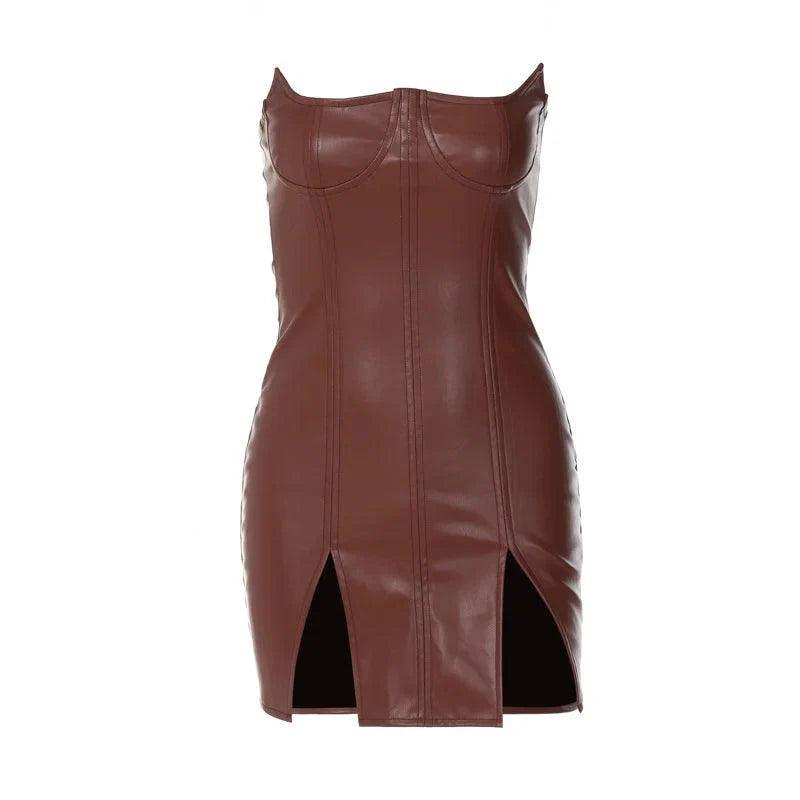 Sexy Pu Leather Personalized Wrap Chest Women Tight Fit Waistless Backless Dress Short Skirt Polyester Fabric One-piece - petguardiansupplies