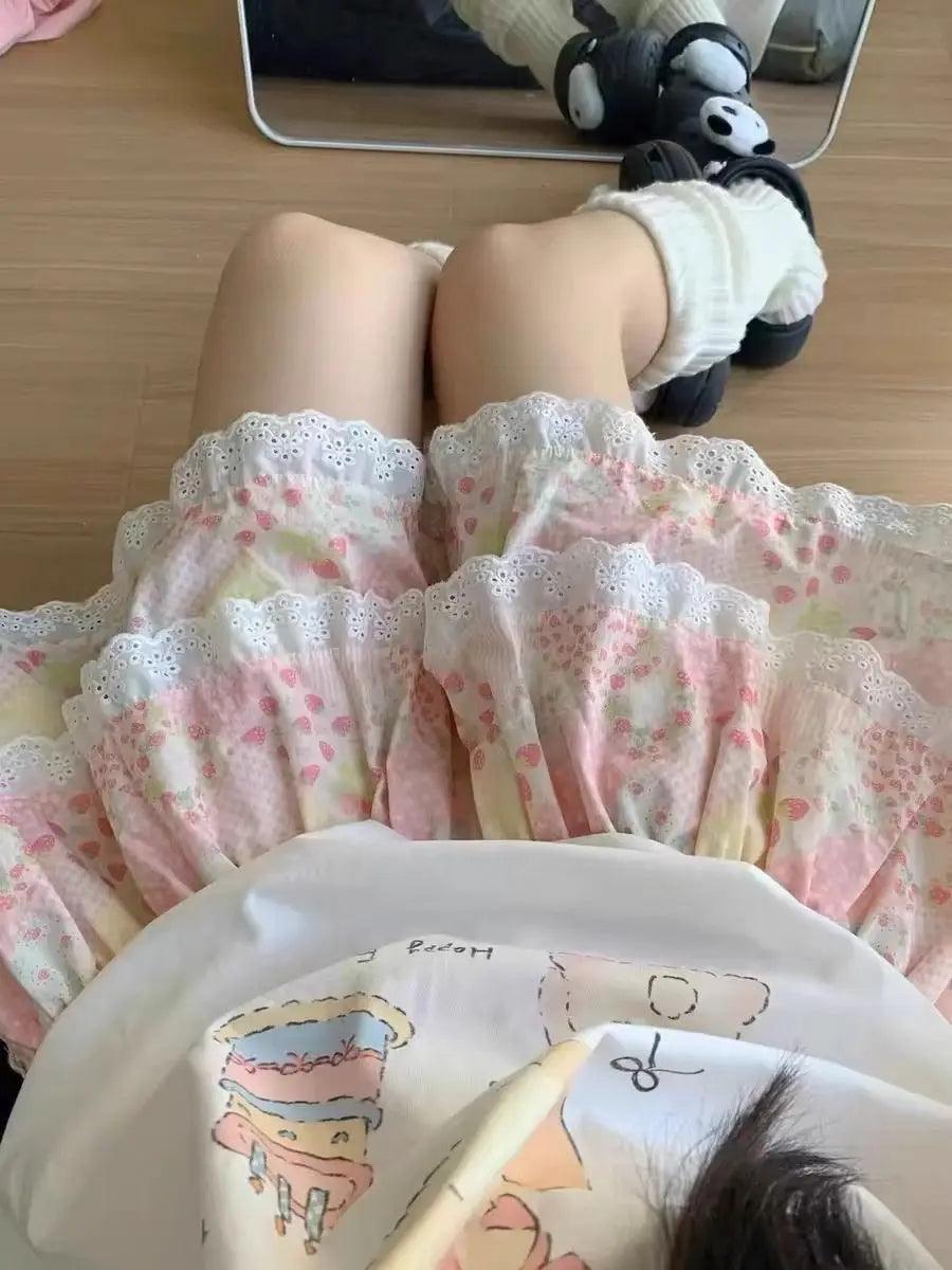 Mini Cake Skirts Women Pink Sweet Kawaii Floral Print Lace Ruffles Cutecore Japanese Style Y2k Elastic Waist Pleated Summer Chic - petguardiansupplies