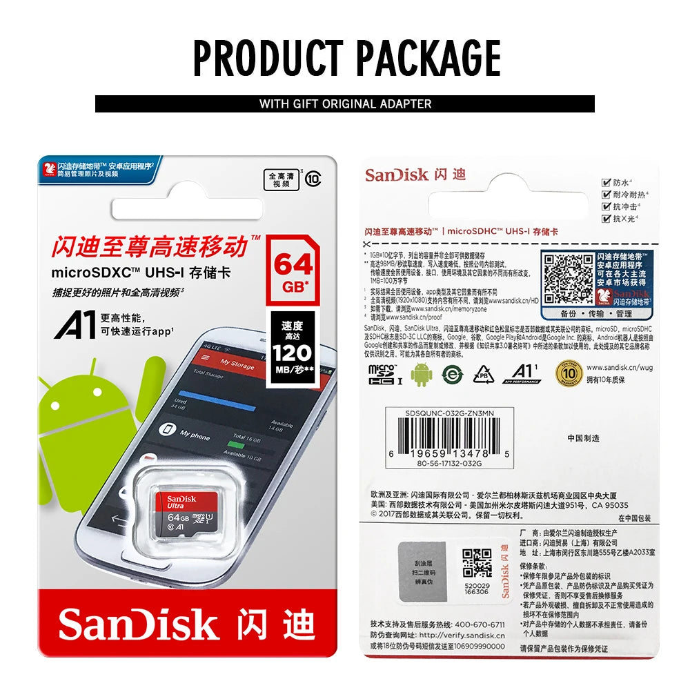 Original Sandisk Memory Card 256GB 128GB 64GB 32GB TF micro sd card Class 10 UHS-1 flash card Memory Microsd for Samrtphone PC - petguardiansupplies