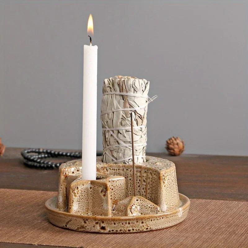 4-In-1 Ceramic Candle & Incense Holder Morandi Color with Cute Stars and Moon Design Perfect for Sage Palo Santo Stick Incense - petguardiansupplies