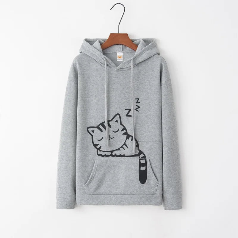 Women's Sweatshirt Cute Cat Ears Hooded Sweatshirt Fashion Cat Print Casual Long Sleeve Pullover - petguardiansupplies