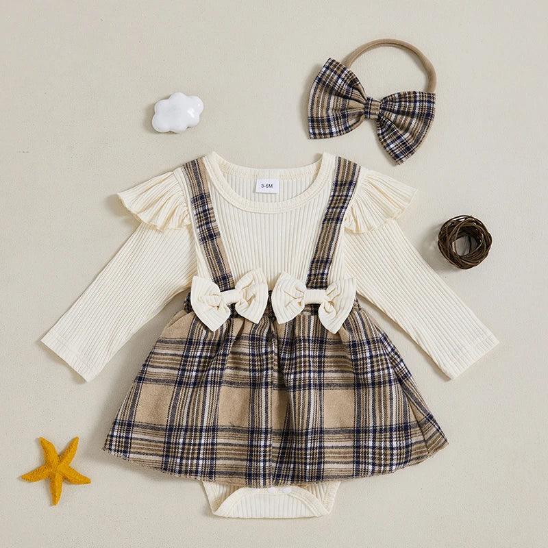 FOCUSNORM 0-18M Lovely Baby Girls Autumn Romper Dress Long Sleeve O Neck Plaid Print Patchwork Bow Jumpsuits with Headband - petguardiansupplies