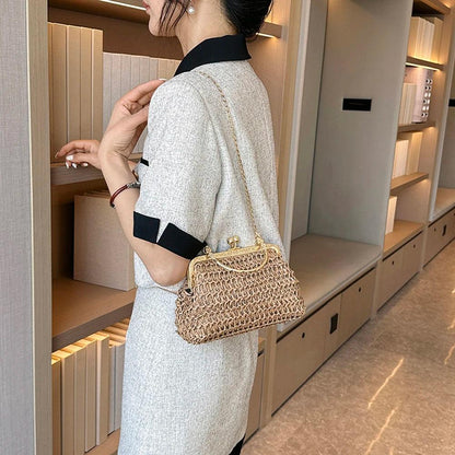 Summer Beach Straw Bags Exquisite Gold Chain Party Banquet Purse Hand Woven Handbag Female Clutch Bag Shoulder Crossbody Bags - petguardiansupplies