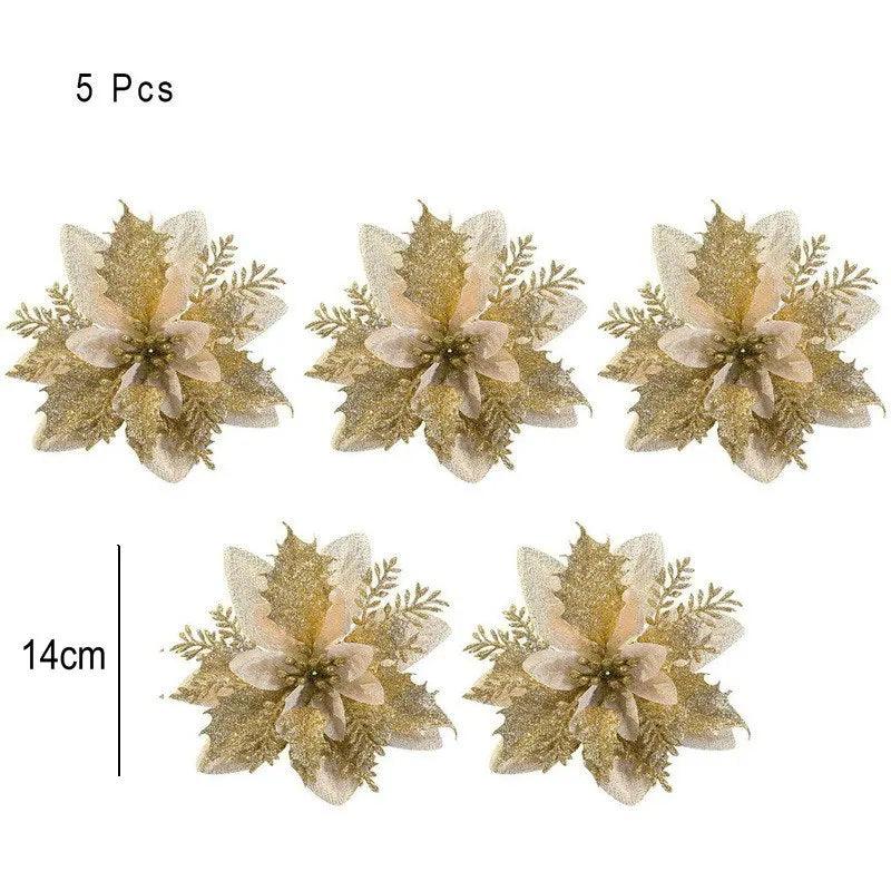 Glitter Artifical Christmas Flowers Merry Christmas Tree Decoration Happy New Year Ornaments Xmas Fake Flowers Natal - petguardiansupplies