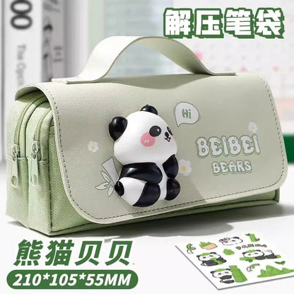 Green Panda Pencil Bag Large Capacity Stationery Pen Case Bear Dog Cat Handle Storage School Supplies Gift Box PU Ruler Holder A - petguardiansupplies