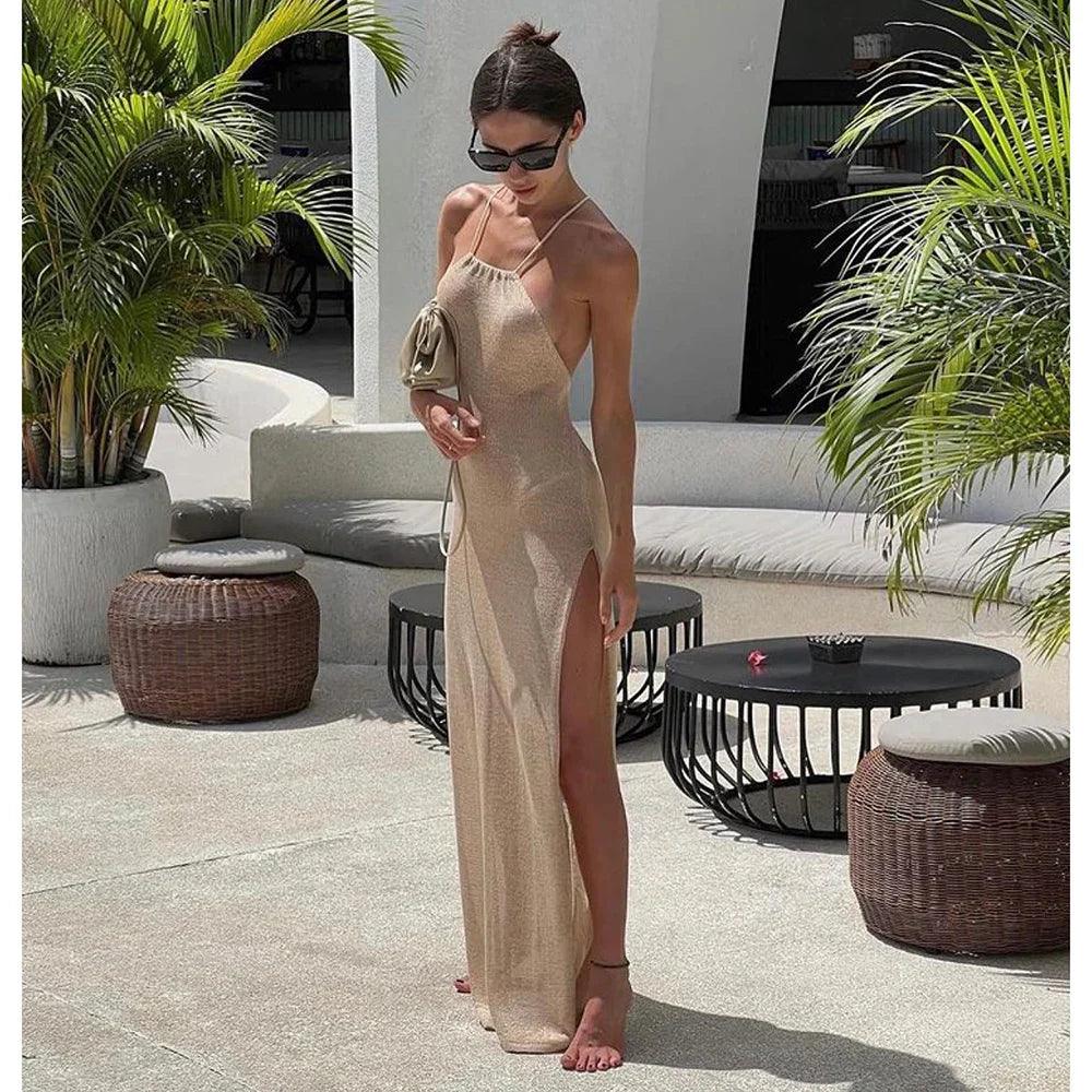 2024 Kintted Cover Up Beach Sexy See Through Maxi Slit Bodycon Summer Dress Bikinis Cover-ups Elegant Halter Beachdress - petguardiansupplies