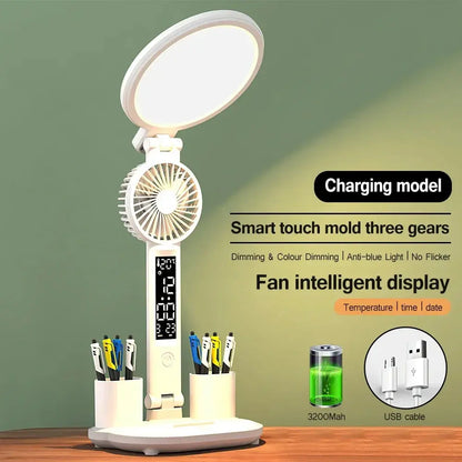 Rechargeable Foldable Touch LED Desk Lamp Table Light with Fan Calendar Clock Dispaly Eye Protection Study Reading Lamp - petguardiansupplies