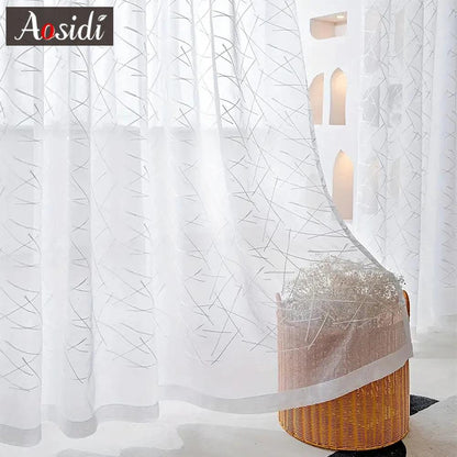 New Geometry White Embroidery Tulle Curtains for the Living Room Modern Sheer Curtain for Bedroom Window Blind Voile Custom Size - petguardiansupplies