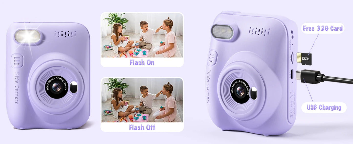 Kids Digital Camera 3.0" Portable Instant Print Camera 32MP HD 1080P Camera Toy Gift For 6-12 Year With 3 Rolls Printer Paper - petguardiansupplies