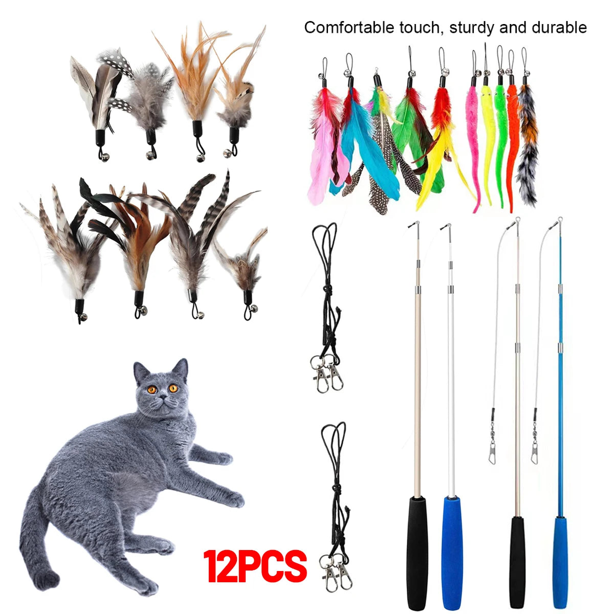 12Pcs Kitten Cat Toy Feather Bell Wand Teaser Rod Interactive Play Pet Toys Gift - petguardiansupplies