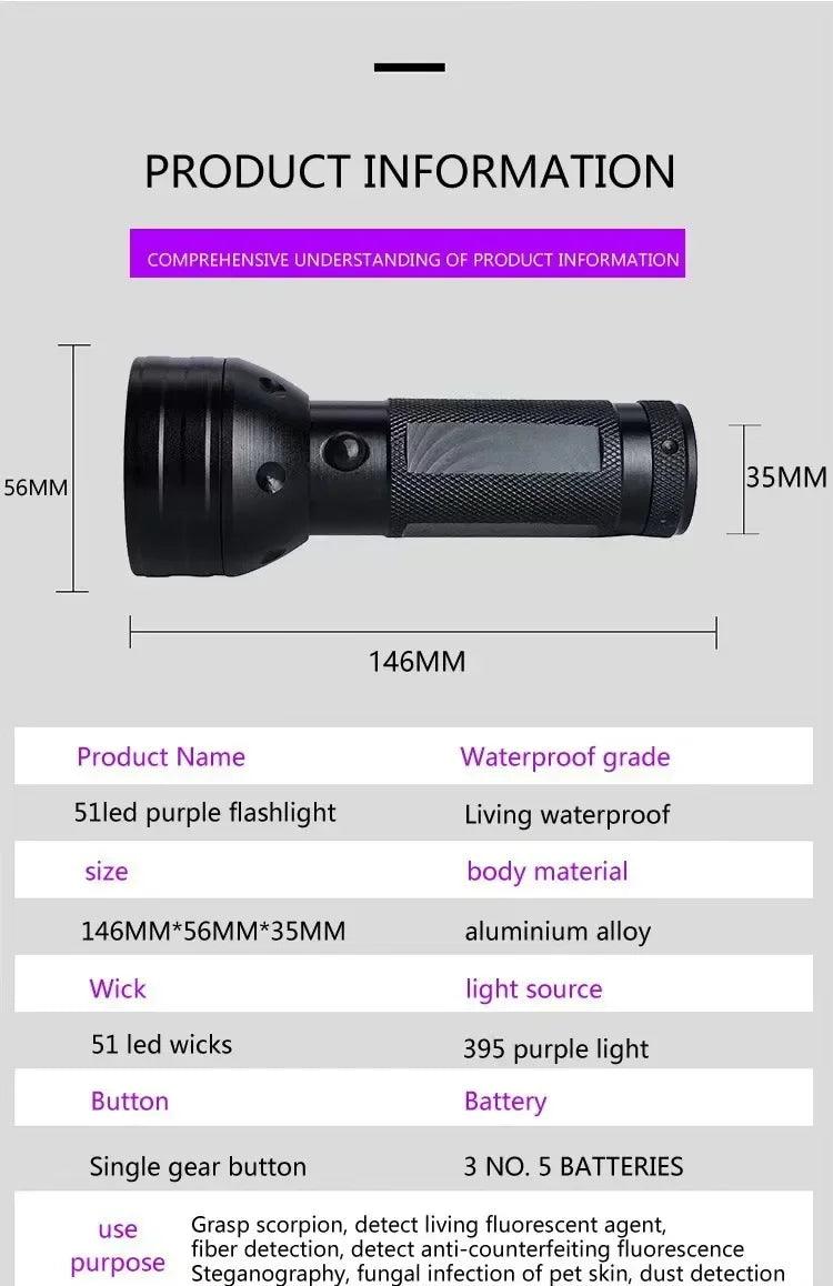 UV Flashlight 51LED UV Light 395nm UV Flashlights Ultraviolet Torch Black Light Safety Detector for Dry Pets Urine Stains Bug - petguardiansupplies