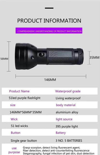 UV Flashlight 51LED UV Light 395nm UV Flashlights Ultraviolet Torch Black Light Safety Detector for Dry Pets Urine Stains Bug - petguardiansupplies