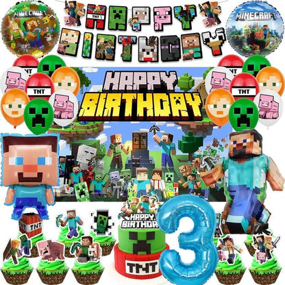 Miner Crafting Birthday Party Decoration Disposable Tableware Foil Balloon Banner Backdrop Cartoon Minecraft Game Theme Decor - petguardiansupplies