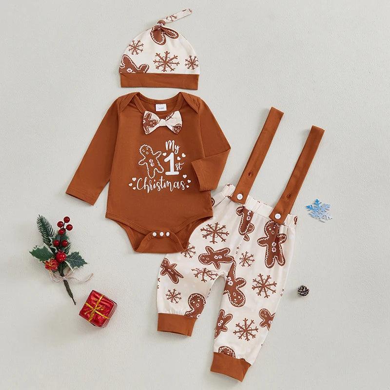 FOCUSNORM 0-18M 3pcs Autumn Baby Boys Christmas Clothes Sets Long Sleeve Gingerbread Print Romper Suspender Pants Hat Sets - petguardiansupplies