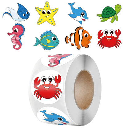 100-500 Pcs 1inch 2.5cm Sea Animal Stickers Roll Children's Toys Praise Reward Student Work Label Stationery Gift Sticker - petguardiansupplies