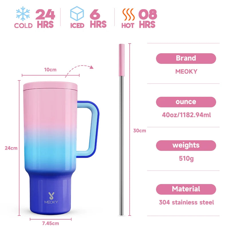 Meoky 40oz Tumbler Handle Straw Multiple Prints Stainless Steel Bottle Thermos Coffee Cup Portable Vacuum Insulated Car Mug Gift - petguardiansupplies