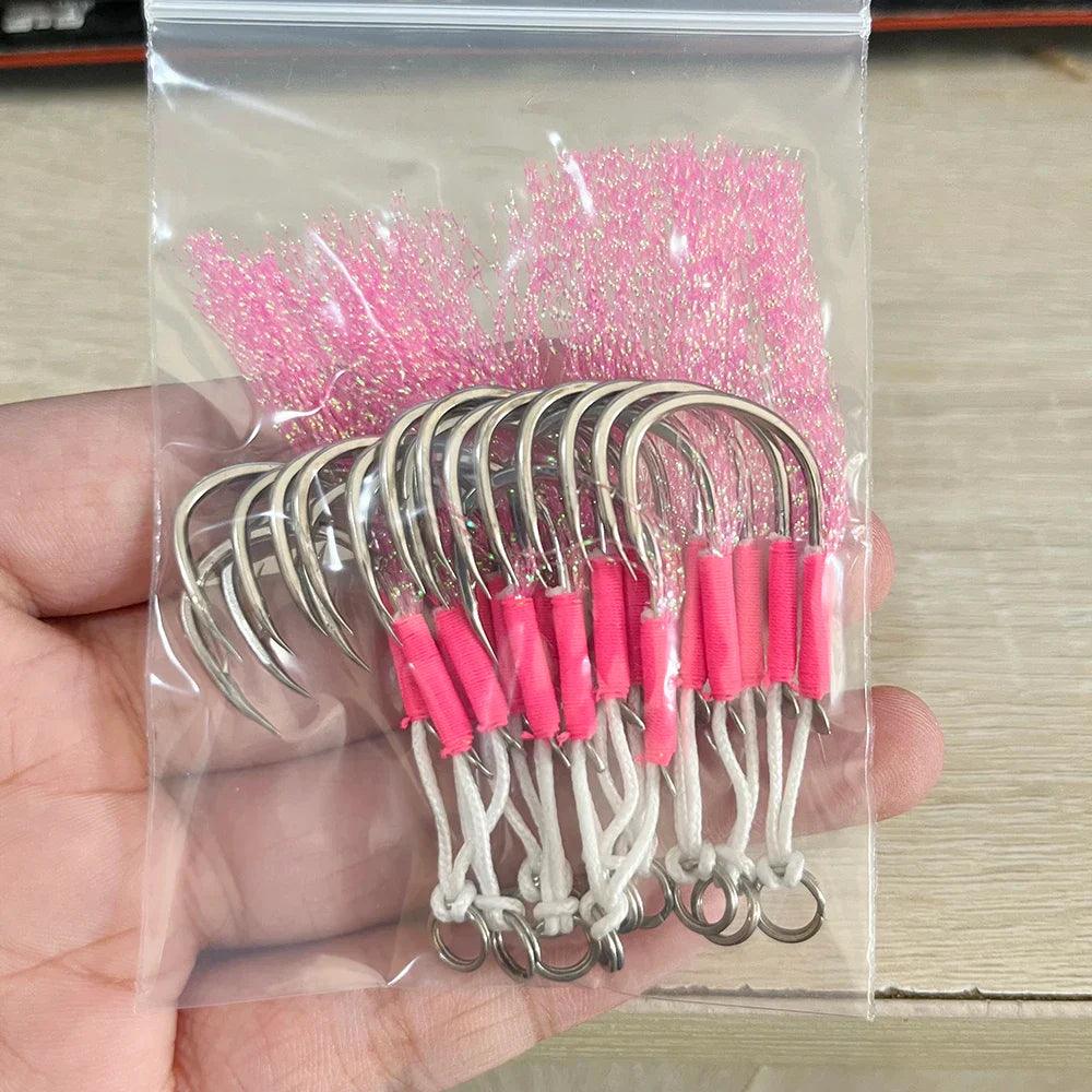 10Pairs Metal Jig Assist Hook Pink Double Hooks Thread Feather High Carbon Steel Sea Fishing Hook Slow Jigging Peche - petguardiansupplies