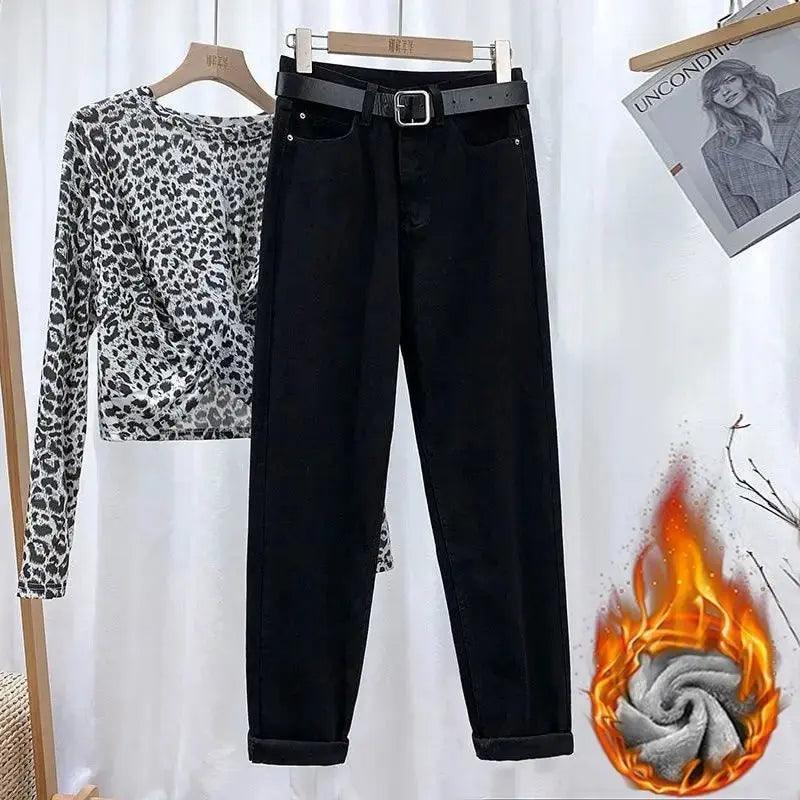 High-waisted Fleece-lined Women's Jeans Slimming Loose-fit Straight-leg Autumn/winter Warm Denim Pants - petguardiansupplies