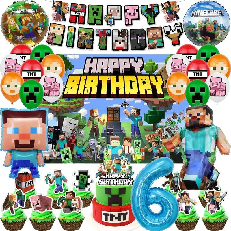 Miner Crafting Birthday Party Decoration Disposable Tableware Foil Balloon Banner Backdrop Cartoon Minecraft Game Theme Decor - petguardiansupplies