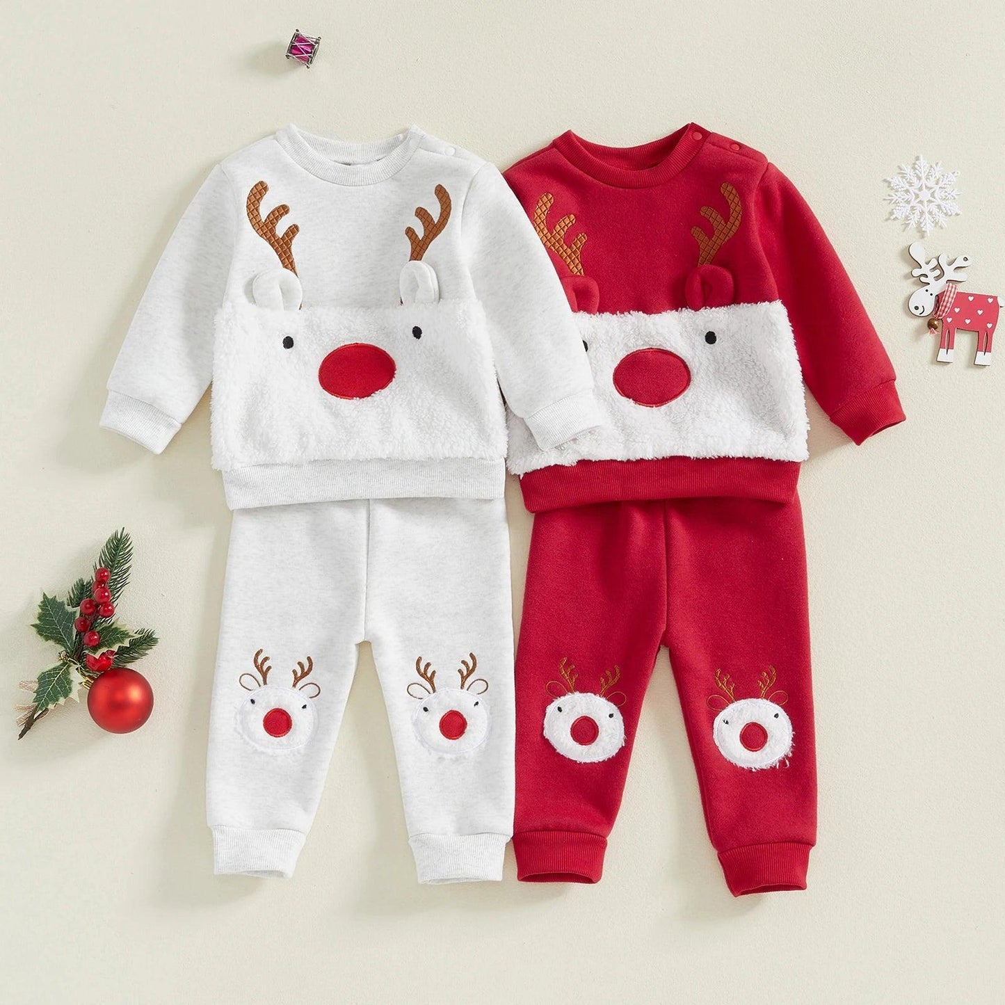 FOCUSNORM 0-3Y Autumn Winter Baby Girls Boys Christmas Clothes Sets Fur Reindeer Embroidery Long Sleeve Sweatshirt with Pants - petguardiansupplies