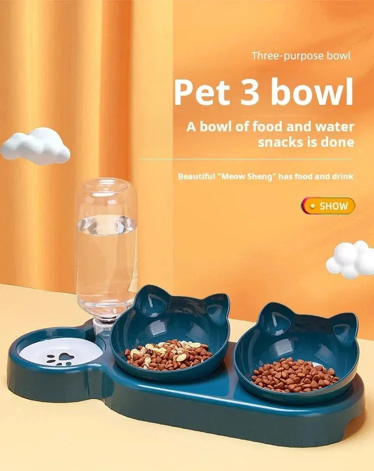 Pet Bowls With Water Feeder, 3 In 1 Ear Design Tilted Cat Water And Food Bowl Set With Gravity Water Bottle For Neck Protection - petguardiansupplies