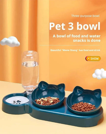 Pet Bowls With Water Feeder, 3 In 1 Ear Design Tilted Cat Water And Food Bowl Set With Gravity Water Bottle For Neck Protection - petguardiansupplies