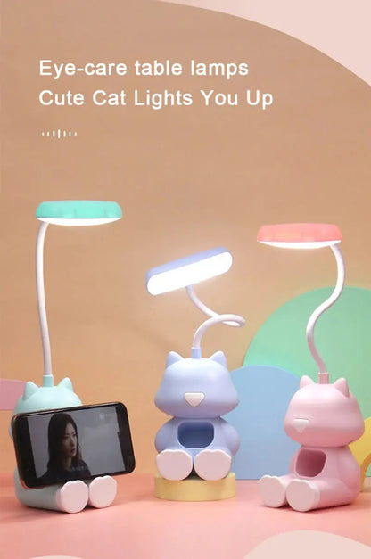 Creative Cute Cat Flexible Led Study Desk Lamp with Phone Holder Bedside Color Adjust Table Lamp for Kids Student Room - petguardiansupplies