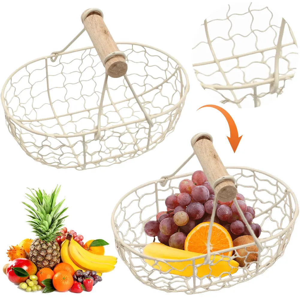 Iron Fruit Basket with Wooden Handle Fruit Vegetable Basket Storing Food Photography Props for Home Kitchen Living Room - petguardiansupplies