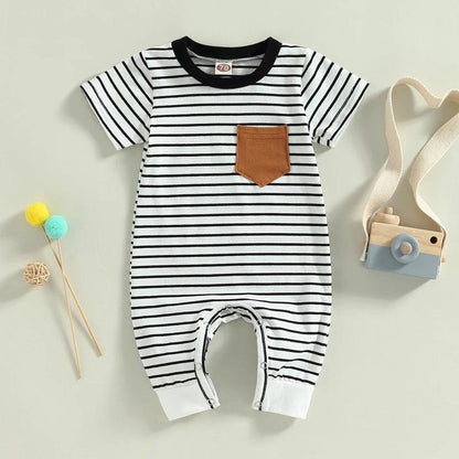 FOCUSNORM 0-18M Infant Baby Boys Casual Romper 2 Colors Patchwork Short Sleeve Striped Printed Pocket Jumpsuits - petguardiansupplies