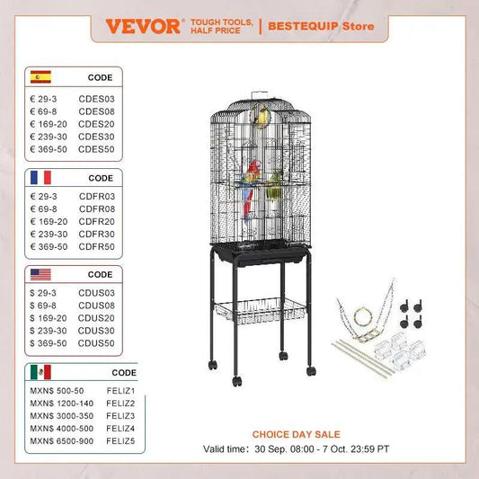 VEVOR 60 inch Bird Aviary Flight Pet Bird Cage Metal with Rolling Stand and Hanging Toys for Cockatiels Parrots Pigeons Parakeet - petguardiansupplies