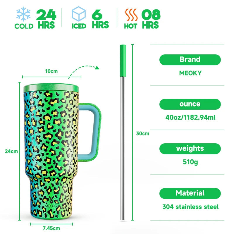 Meoky 40oz Tumbler Handle Straw Multiple Prints Stainless Steel Bottle Thermos Coffee Cup Portable Vacuum Insulated Car Mug Gift - petguardiansupplies