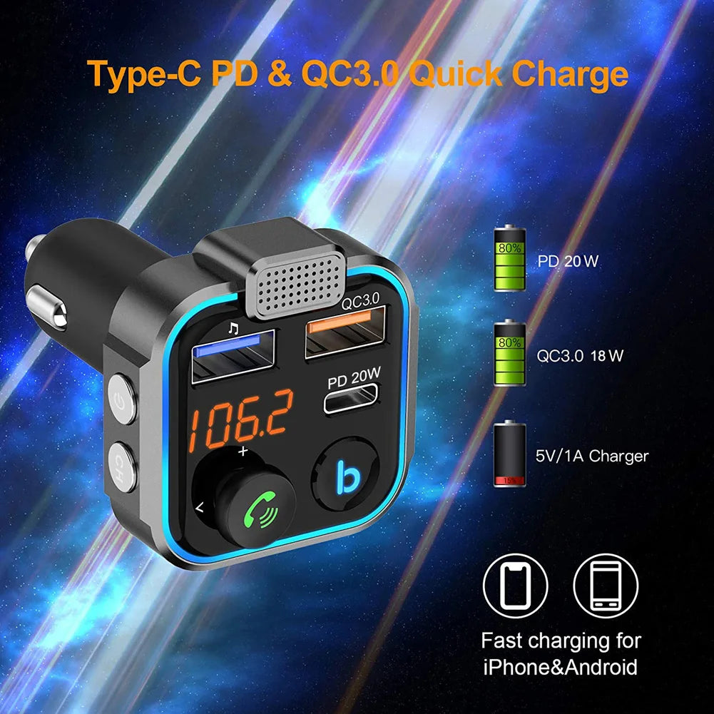 Fast Charging Car Charger PD 20W QC3.0 Wireless FM Transmitter Bluetooth Audio Handsfree Phone Adapter Car MP3 Player Modulator - petguardiansupplies