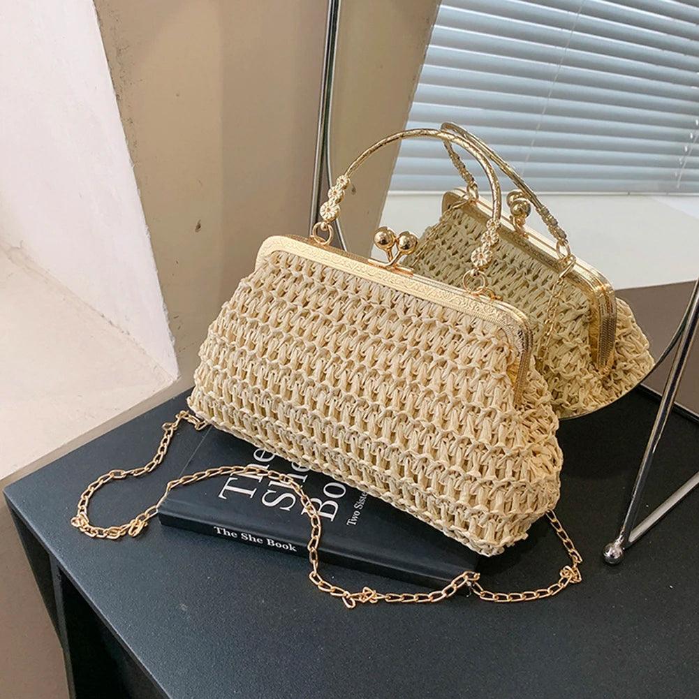 Summer Beach Straw Bags Exquisite Gold Chain Party Banquet Purse Hand Woven Handbag Female Clutch Bag Shoulder Crossbody Bags - petguardiansupplies