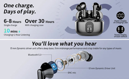 Wireless Earbuds with Bluetooth 5.3, In-Ear Headphones Featuring 4 ENC Mics and 36 Hours of Playtime, LED Display Included. - petguardiansupplies