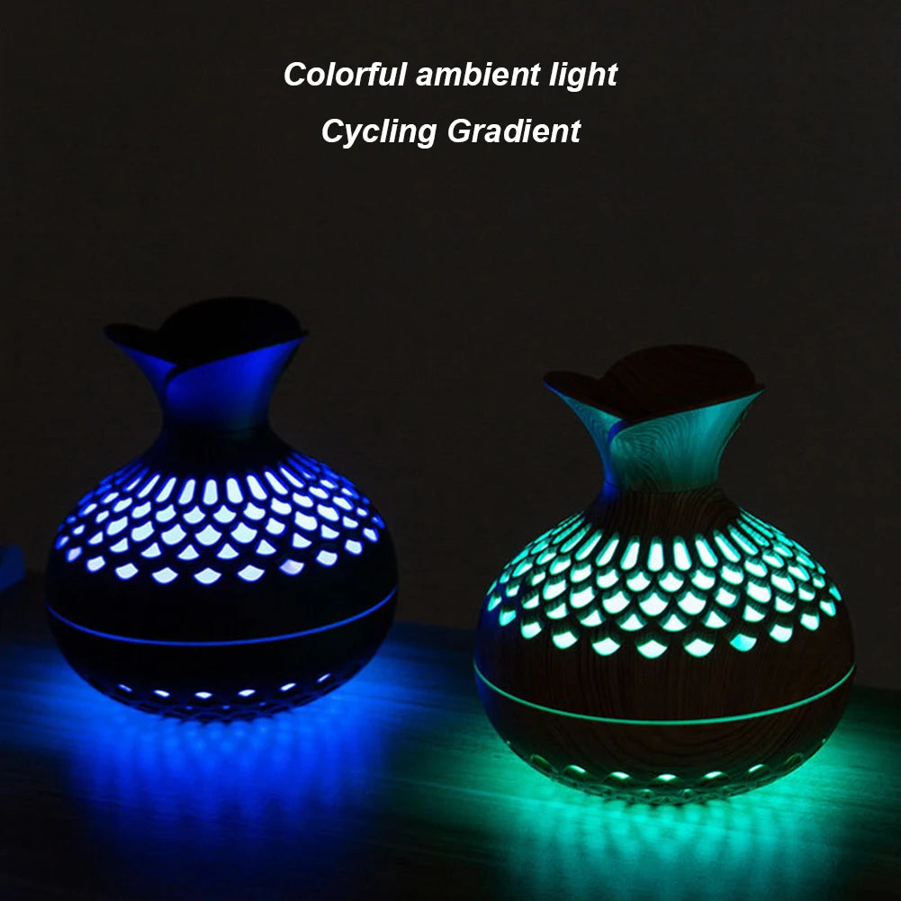 300ML Wood Grain Flower Humidifier Silent Aromatherapy Diffuser USB Rechargeable Mini Humidifier with Colourful Night Light - petguardiansupplies