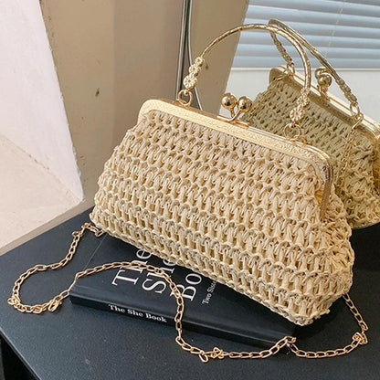 Summer Beach Straw Bags Exquisite Gold Chain Party Banquet Purse Hand Woven Handbag Female Clutch Bag Shoulder Crossbody Bags - petguardiansupplies