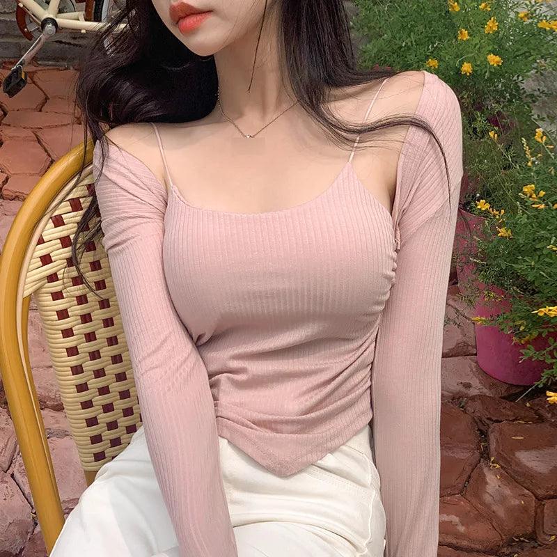 South korea Fashion Comfortable Dongdaemun Ym Gentle Fene Sexy Tight Cami Sun Protection Cardigan Set SN - petguardiansupplies