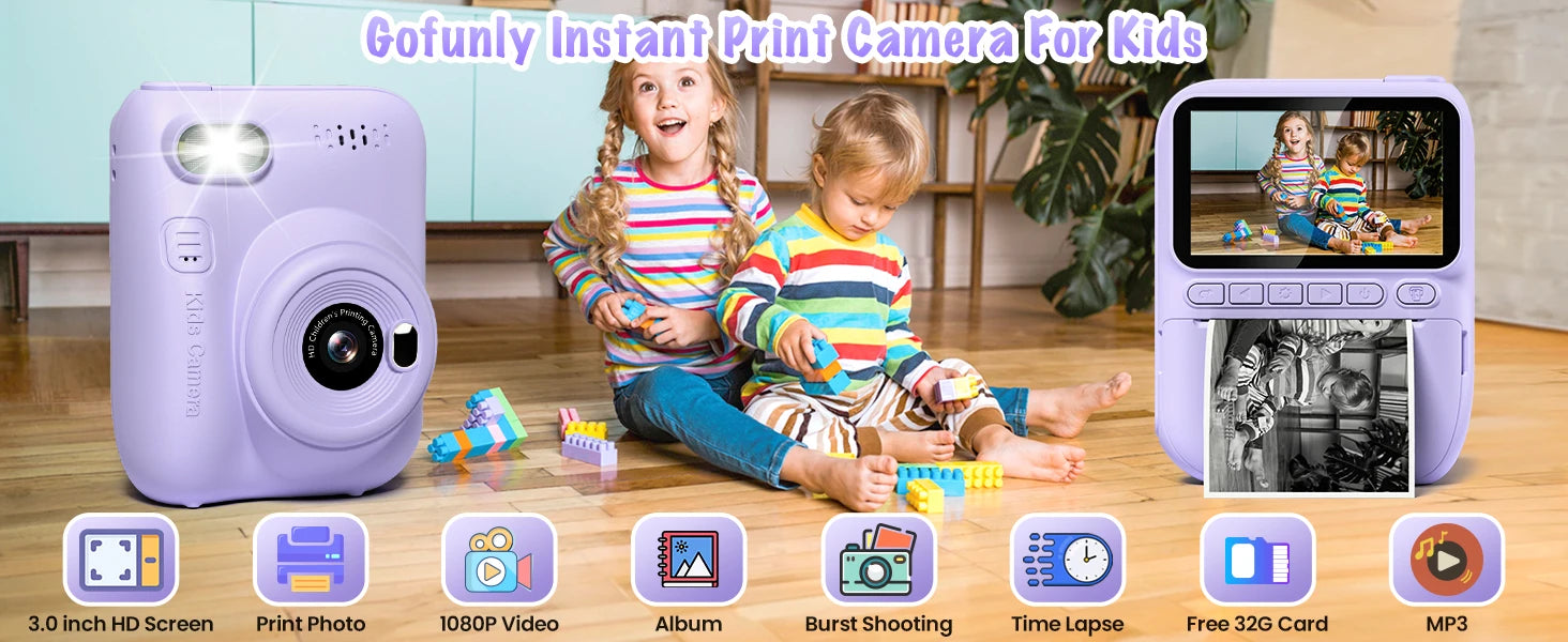 Kids Digital Camera 3.0" Portable Instant Print Camera 32MP HD 1080P Camera Toy Gift For 6-12 Year With 3 Rolls Printer Paper - petguardiansupplies