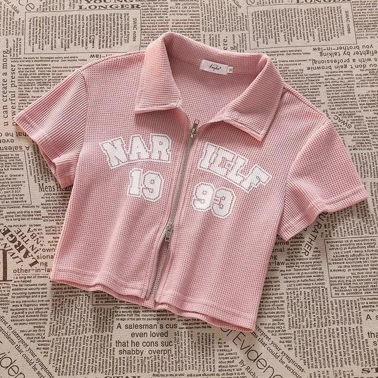 Women's Polo Collar Short Sleeve T-shirt Spring Summer American Style Vintage Letter Print Cropped Zipper Cardigan Top - petguardiansupplies