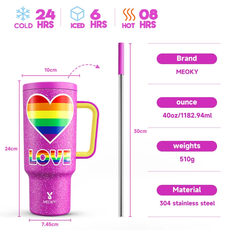 Meoky 40oz Tumbler Handle Straw Multiple Prints Stainless Steel Bottle Thermos Coffee Cup Portable Vacuum Insulated Car Mug Gift - petguardiansupplies