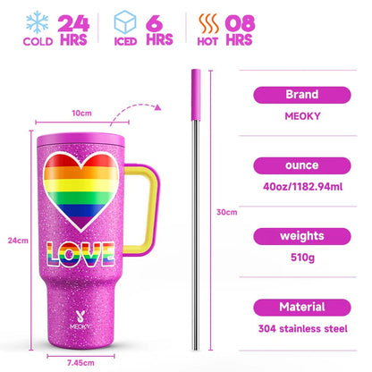 Meoky 40oz Tumbler Handle Straw Multiple Prints Stainless Steel Bottle Thermos Coffee Cup Portable Vacuum Insulated Car Mug Gift - petguardiansupplies