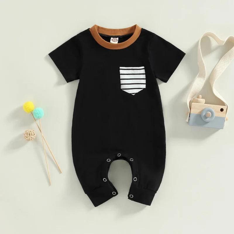 FOCUSNORM 0-18M Infant Baby Boys Casual Romper 2 Colors Patchwork Short Sleeve Striped Printed Pocket Jumpsuits - petguardiansupplies