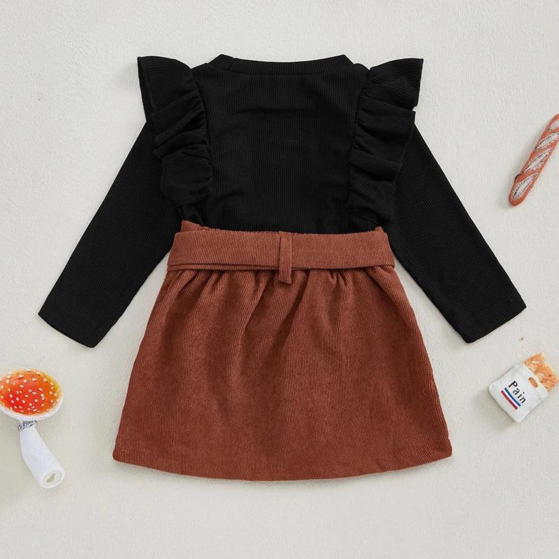 FOCUSNORM 0-4Y Little Kids Girls Autumn Clothes Set Long Sleeve Ruffled Solid Ribbed Tops Belt Short Pleated Skirts - petguardiansupplies