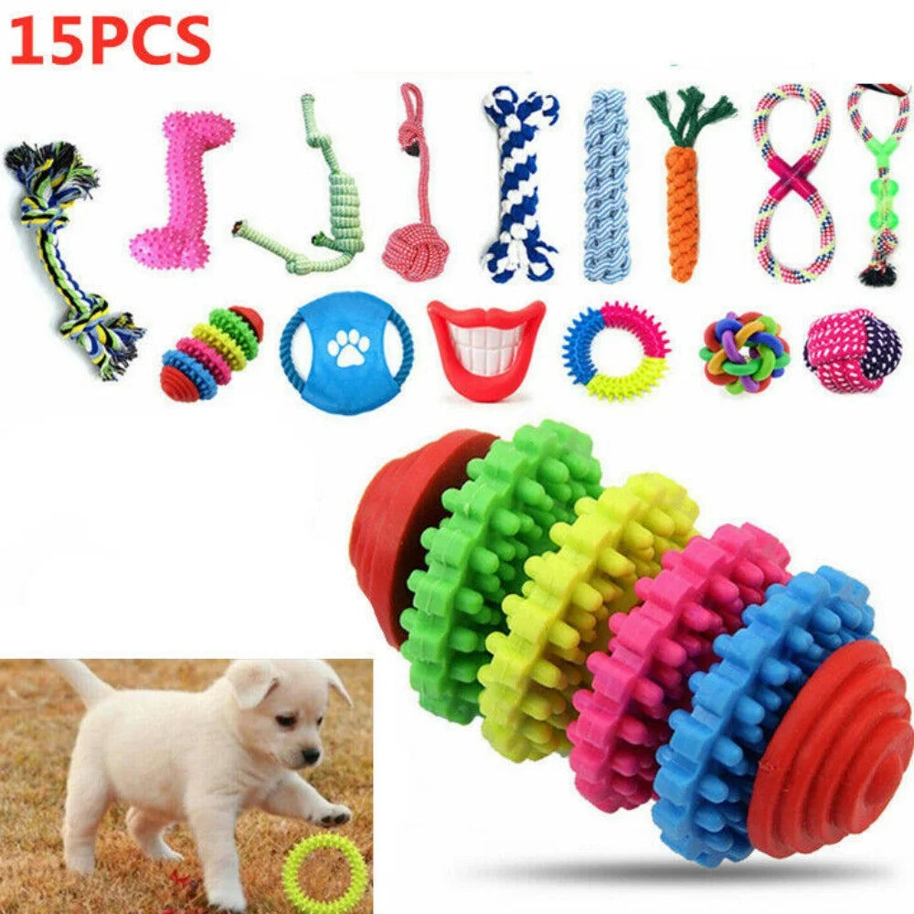 15X Tough Dog Toys Bundle Chew Rope Knot Ball Squeakers Pet Puppy Teething UK - petguardiansupplies