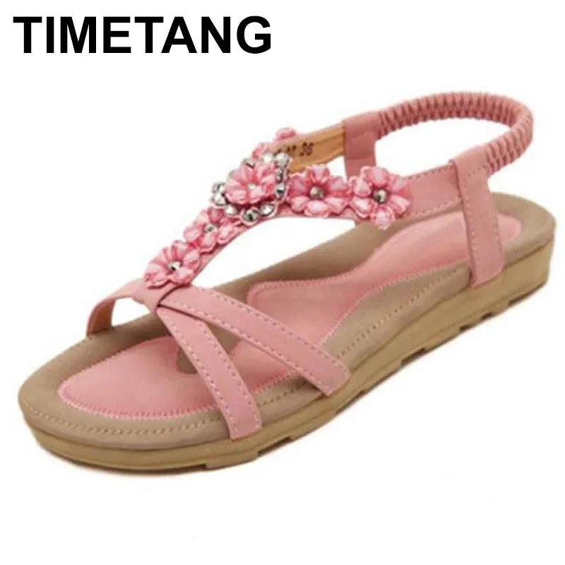 TIMETANGComfortable Flat Heel Sandals Women Large Size Summer Shoes Woman Bohemia Flowers Rhinestone Beach Ladies Shoes - petguardiansupplies