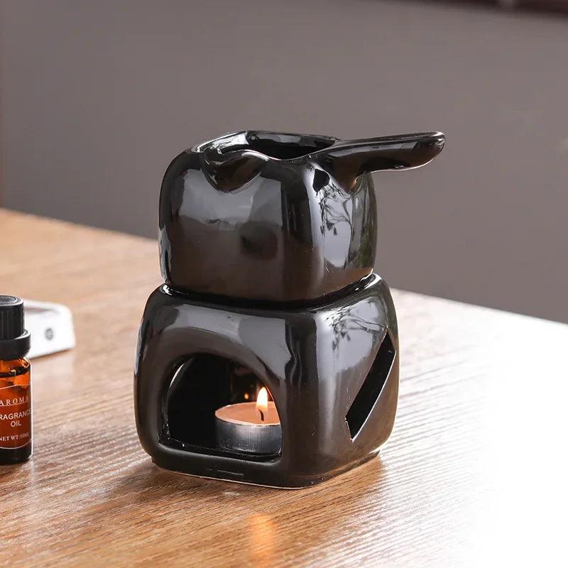 2 in 1 Ceramics Spa Essential Oil Massage Heater 150ml Square Aromatherapy Candle Heating Holder Black Separated Tea Warmer - petguardiansupplies