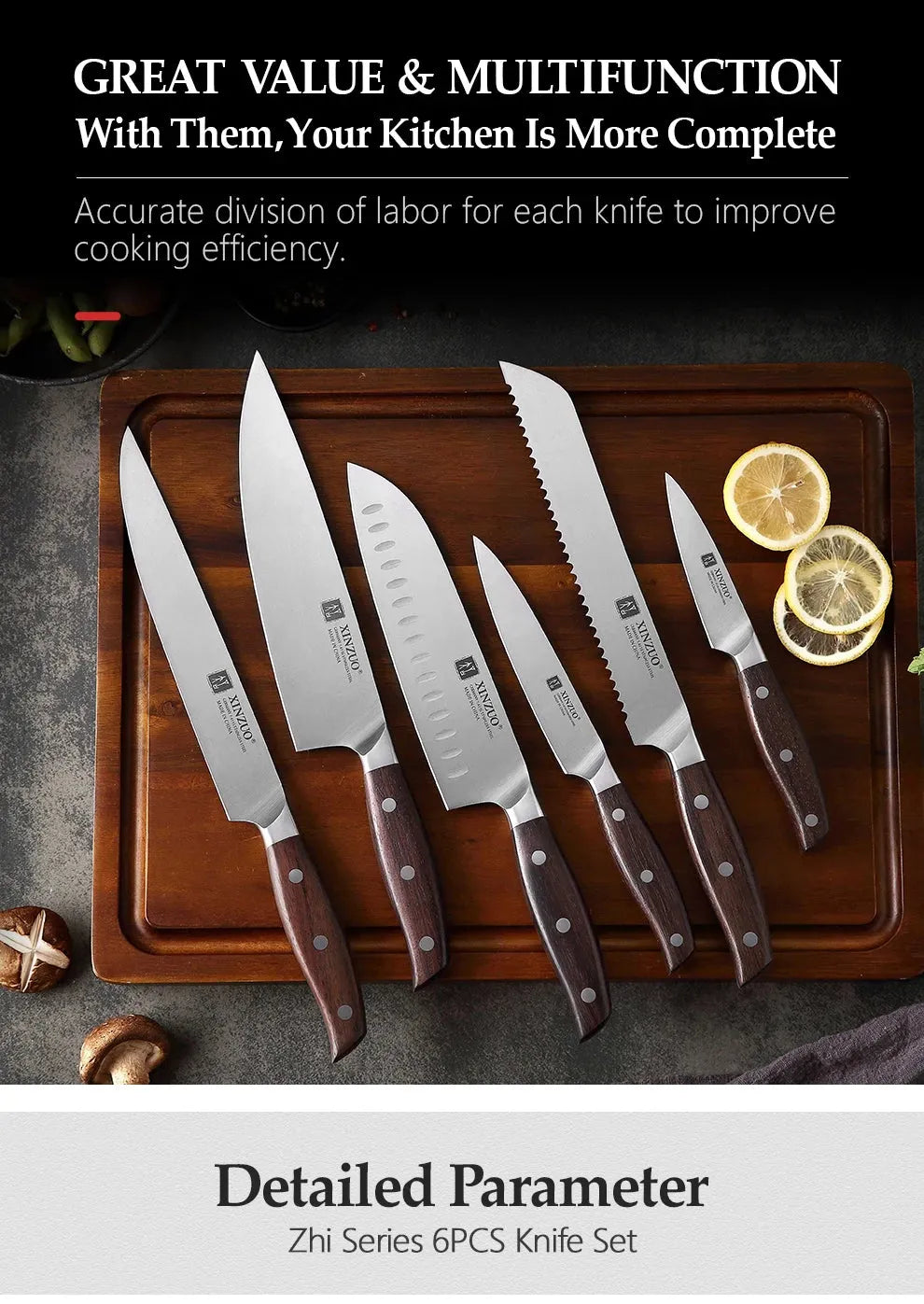 XINZUO Kitchen Tools 6 PCS Kitchen Knife Set of Utility Cleaver Chef Bread Knife High Carbon German Stainless Steel Knives Sets - petguardiansupplies